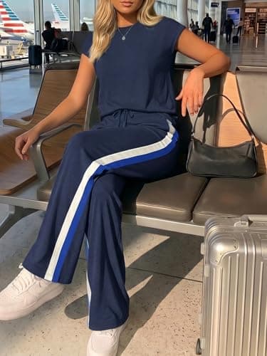 Casly Lamiit 2pcs Pants Sets Outfits for Women Lounge Set Travel Set Crew Neck Pants Set Short Sleeve Tracksuits Dressy Navy Blue XS - Thumbnail 4