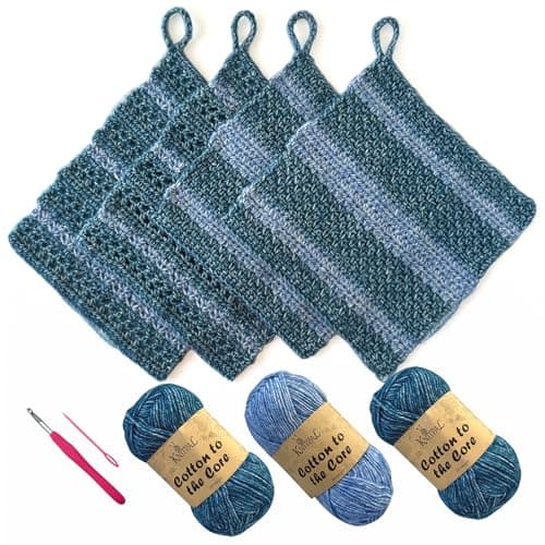 KnitPal Everyday Joy Crochet Kit for Confident Beginners – Make 4 Reusable 7.5 x 7.5 in Dishcloths – with Cotton to The Core Yarn (#3 DK), Hook, Patterns & Video Tutorials (Jean Blue + Sky Blue) - Image 1