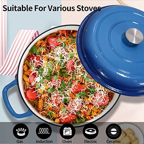 Enameled Cast Iron Dutch Oven Braiser, 3.8 Quart Enamel Skillet Pot with Lid - Heavy Duty and Dual Handles, Oven Safe Frying Pan for Family or Friends Gifts, Blue - Thumbnail 4