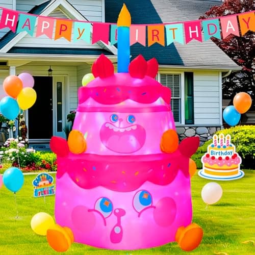 GIFTFIND 6FT Strawberry Birthday Cake Inflatable with Rotating LED Lights, IP65 Waterproof Fabric Yard Decoration for Girls Kids Party, Includes UL Blower Stakes & Ropes - Thumbnail 3