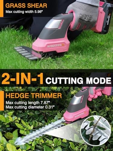 WORKPROX 20V Pink Cordless Grass Shear & Shrubbery Trimmer - 2-in-1 Handheld Electric Grass Trimmer Hedge Shears/Grass Cutter with Tool Bag, Rechargeable Lithium-Ion Battery and Type-C Cable Included - Thumbnail 6