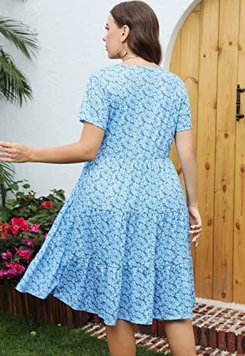 Younrui Plus Size Midi Floral Dress for Women Tiered Flowy Babydoll Casual Summer Wedding Guest Aline Dresses (1XL-1001-Blue Daisy) - Thumbnail 2
