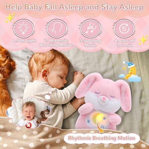 Breathing Stuffed Animal, Soothe Snuggle Pink Easter Bunny Stuffed Animal for Anxiety Adults and Kids, Volume Control Soothing Bunny Plush with Realistic Breathing and Lights, Easter Basket Stuffers - Thumbnail 3