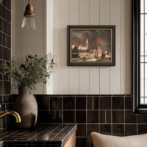 DAJONART Vintage Gold Framed Canvas Winter Wall Art, Snowy Village Scene with Church & Sleigh Printed Oil Painting Wall Decor, Framed Canvas Christmas Decor, Rustic Holiday Gift for Home, 8 x10 - Thumbnail 3