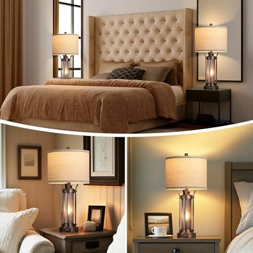 QiMH Farmhouse Table Lamps for Living Room, Rustic Beside Lamps for Bedroom with USB A+C Charging Ports, Nightstand Lamp with Frosted Glass Night Light for Home Decor, 4 Bulbs Included (Bronze) - Thumbnail 6