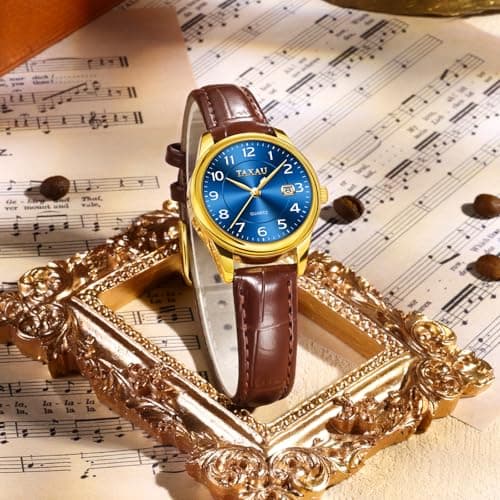 Taxau Watches for Women Blue Face Leather Small Wrist Watch Luxury Analog Lady Watch with Date Large Arabic Numbers Water Resistant Casual Fashion Elegant Brown Watches Reloj para Mujer - Thumbnail 3
