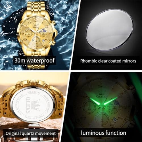 OLEVS Watch Men Luxury Gold Big Face Moon Phase Chronograph Stainless Steel Dress Waterproof Watches for Men Classic Metal Easy Reader Date Analog Quartz Mens Watches Relojes para Hombre - Thumbnail 5