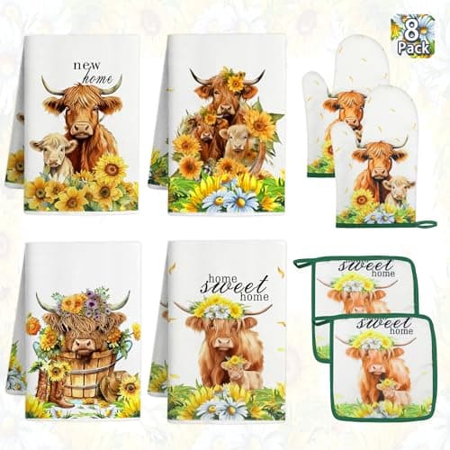 Vetoxka 8 PCS Highland Cow Kitchen Decor and Accessories - 4 Dish Towels Set 2 Oven Mitts and Pot Holders Sets for Cooking Baking Home Sweet Home Sunflower Cattle Watercolor Farmhome Housewarming Gift