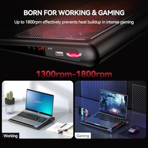 TECKNET Laptop Cooling Pad - 12"-15.6" Laptops Cooler, Powerful Cooler and Ultra Quiet for Gaming Laptops Pad, 2 Wind Speed Adjustable, USB A & C Powered Cooler Stand with Laptop Fan LED (Red) - Thumbnail 3