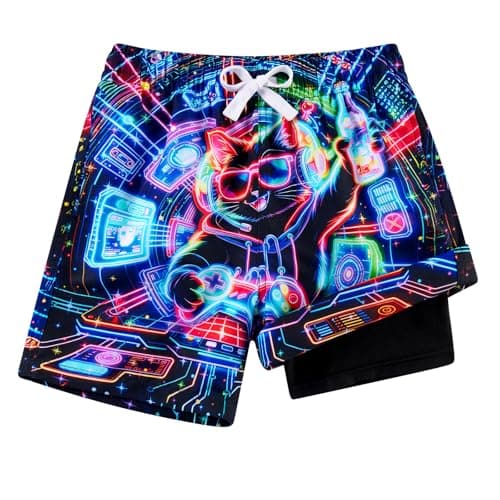 Cozople Boys Swim Trunks with Compression Liner Summer UPF Quick Dry Swim Shorts Fashion Neon DJ Cat Graphic for Surfing Beach
