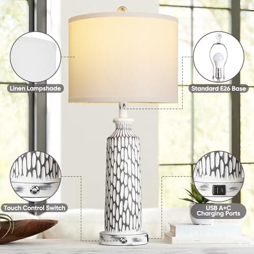 QiMH 26" Table Lamps Set of 2, Modern Bedside Lamps with USB A+C Ports, 3-Way Dimmable Touch Control & White Shade, Coastal White Gray Nightstand Lamp for Living Room Bedroom, Included 2700K LED Bulbs - Thumbnail 6