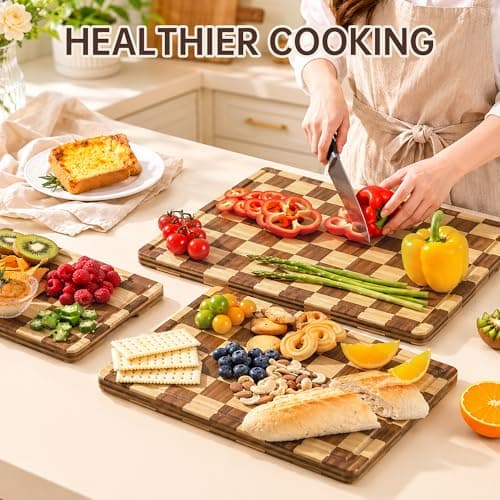 3 Pack Checkered Bamboo Cutting Board Set, Decorative End Grain Thick Wood Cutting Board, Crack-Resistant, Heavy Duty Non-slip Chopping Boards, Aesthetic Serving Trays for Home Decor, Gift - Thumbnail 6