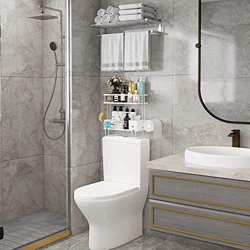 Godboat Bathroom Organizer - Over The Toilet Storage Cabinet, 2-Tier Floating Shelves, Wall Shelf with 2 Hooks & Paper Rack, Cool Accessories & Decor, Gifts for Women, Mothers Day (White) - Thumbnail 3