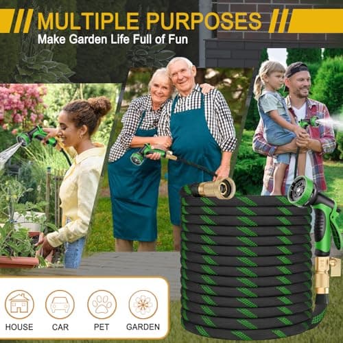 Garden Hose 25 ft, Leak Proof, Kink-Free Water Hose with 10 Function Spray Nozzle, Lightweight, Flexible, Fabric Portable Hose for Gardening, Green - Thumbnail 5