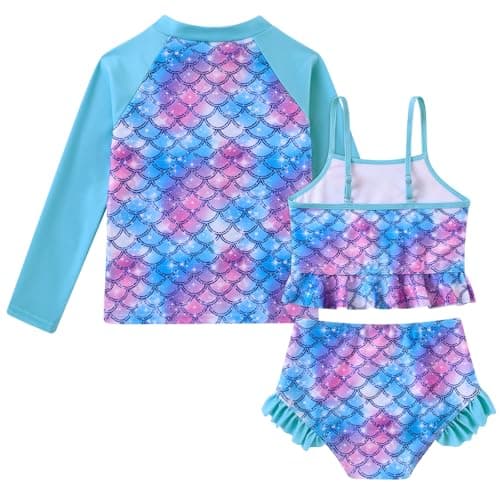 Funnycokid 3T 4T Swimsuit Kids Little Girls Mermaids Blue Bathing Suit Ruffle Rashguard Sets Swimwear Sun Protection Long Sleeve 3 Piece Swimming - Thumbnail 2