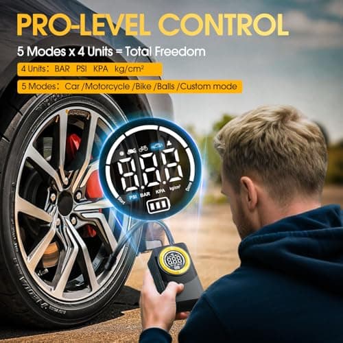CARSUN Tire Inflator Portable Air Compressor, 150PSI Air Pump For Car Tires with Digital Pressure Gauge, LED Light and Auto Shut-Off Function Cordless Pump for Car, Motorcycle, Bicycle, Balls - Thumbnail 6