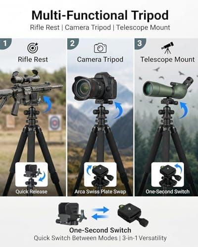 Shapakine 61” Aluminum Shooting Tripod with 360° Ball Head & Weight Hook – Arca-Swiss Rifle Saddle Clamp for Hunting, Heavy Duty Gun Rest w/Compass & Bubble Level (Prone to Standing) - Thumbnail 2
