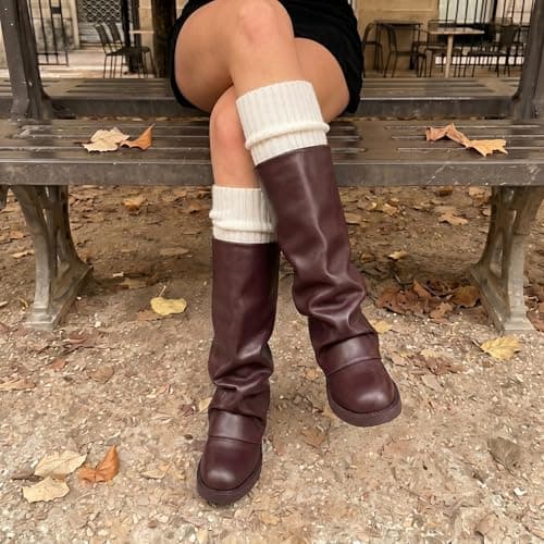 Athlefit Women's Fold Over Mid Calf Boots Slouchy Platform Low Heel Square Toe Slip On Wide Calf Burgundy Boots for Club Date Night Size 11 - Thumbnail 2