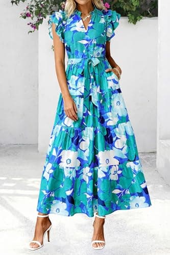 dowerme Women Summer Maxi Dresses 2026 Ruffle Sleeve V Neck Floral Boho Long Dress Belted Tiered Sundress with Pockets(Floral Blue Green,Small) - Thumbnail 4
