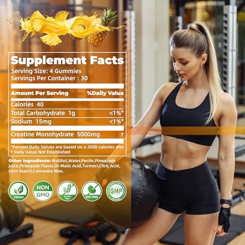 Nutravita Creatine Monohydrate Gummies for Men & Women-5g of Creatine Monohydrate per Serving - Sugar Free,Vegan,Pineapple Flavor, 120 Count - Thumbnail 3