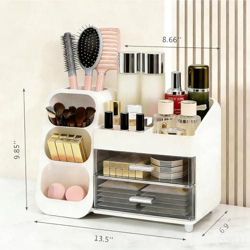 Makeup Organizer Countertop, Spacious Cosmetic Display Case with Makeup Brush Holder, Perfect Vanity Bathroom Organizer and Storage, White - Thumbnail 3