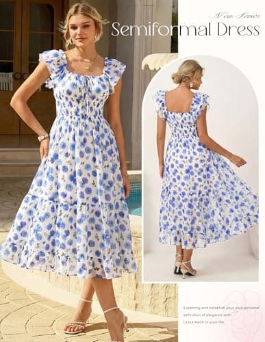 GRACE KARIN 2026 Women's Spring Floral Midi Dress Beach Wedding Guest Dresses Flowy A Line Casual Summer Clothes Blue Floral XL - Thumbnail 5