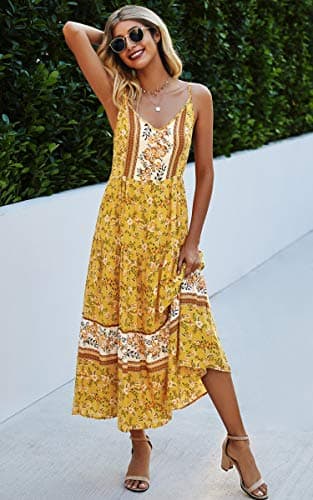 Angashion Women's Dresses Floral Adjustable Spaghetti Strap V Neck Boho Long Maxi Dress Summer Beach Flowy Ethnic Sundress 2141 Yellow X-Large - Thumbnail 2