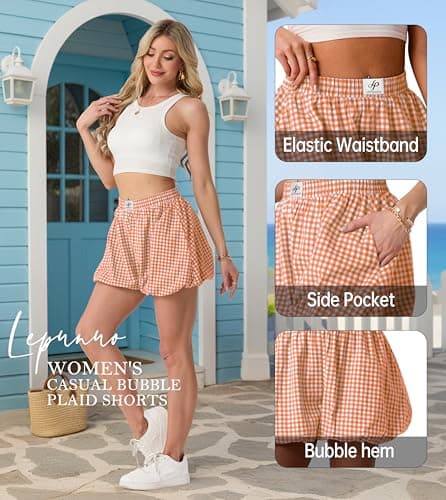 Lepunuo Bubble Plaid Shorts for Women Summer Gingham Pajamas Boxer Shorts Y2K Beach Vacation Bottoms - Thumbnail 4