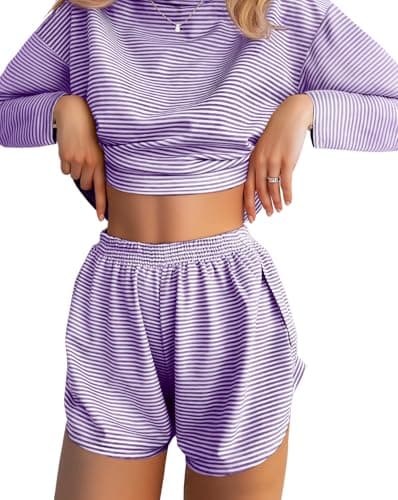 JUSTFASHIONNOW Womens Short Pajamas Set 2 Piece Lounge Set Women Stripe Print Short Sleeve Split Shorts Sets Casual Fall Shorts Sets Comfy Loungewear Outfits (Purple, XX-Large) - Image 1