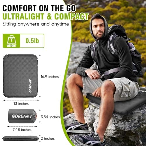 GDREAMT Inflatable Seat Cushion, Self-Inflating Memory Foam Stadium Seats Cushion Lightweight & Compact Chair Sitting Pad Airplane Cushion for Long Flight Travel Outdoor Camping Car Bleachers Office - Thumbnail 2