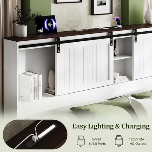 Uteeran King Size Bed Frame with Storage Headboard, Sliding Barn Door, Wood Platform Bed with Reading Light and Charging Station, Wood Slats Support, Easy Assembly, Noise-Free, Antique White - Thumbnail 4