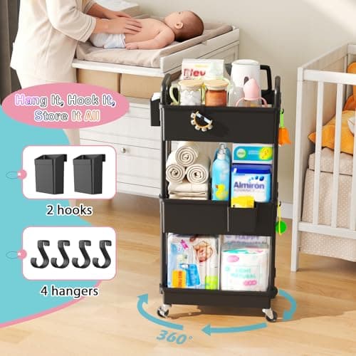 SUNALLY Baby Diaper Caddy Cart, 3 Tier Rolling Diaper Cart with Lockable Wheels for Nursery Essentials, Large Capacity & Easy Assemble Diaper Storage Organizer for Newborn,New Mom, Black - Thumbnail 4