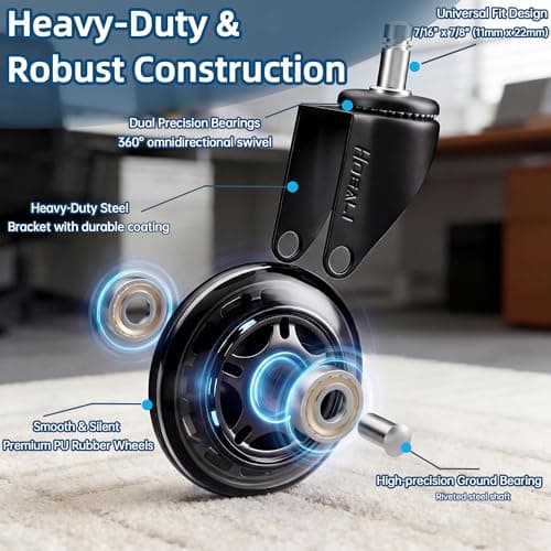 HOSALI 3 Inch Office Chair Wheels - Rubber Chair Casters Replacement, Heavy-Duty Computer Gaming Desk Caster Wheel Smooth & Safe Rolling for All Floors Including Hardwood and Carpet, Set of 5 - Thumbnail 2