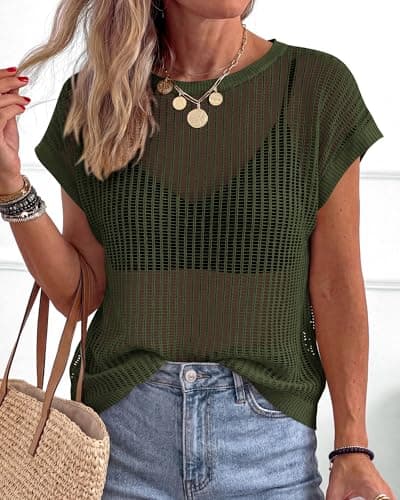 KIRUNDO Crochet Tops for Women 2026 Summer Beach Vacation Clothes Cover Up Mesh Top Lightweight Sweater Cruise Resort Wear(Army Green, Large) - Thumbnail 3