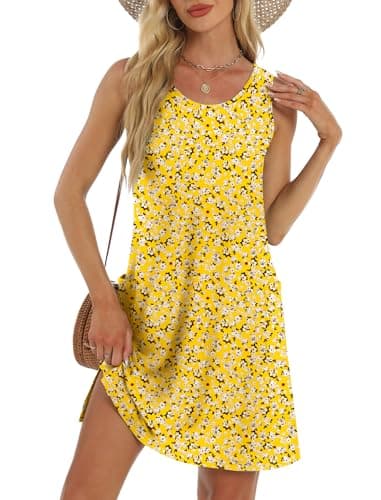 BKRIVE Sundresses for Women 2026 Trendy Summer Casual Spring Swing Sleeveless Tank Dress Floral Yellow White M - Image 1