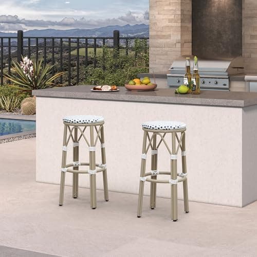PURPLE LEAF Outdoor Round Bar Height Stool Set of 2 Patio Backless Barstools Aluminum Frame in Champagne Finish with White & Blue Woven Rattan for Indoor Kitchen Dining Bistros Cafe Restaurant