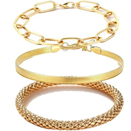 Alegend 14K Gold-Plated 3-Layered Bracelet Set - Chunky & Snake Chain Stackable Bracelets for Daily Wear - Thumbnail 2