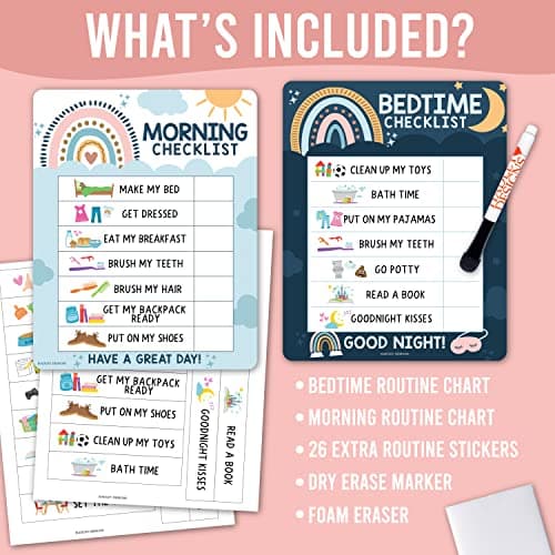 Magnetic Morning & Bedtime Routine Chart for Kids - Customizable Toddler Daily Schedule Board with Dry Erase Surface, Stickers & Marker, Build Habits with Visual Checklists, Boho Theme - Thumbnail 3