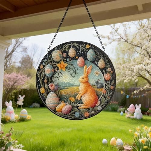 Easter Bunny Stained Glass Window Hanging Suncatcher, Colorful Rabbit with Egg Spring Decor for Home Garden, Animal Glass Art Ornament, Birthday Gift for Women Mom Nana, 7.8 Inch Sun Catcher - Thumbnail 6