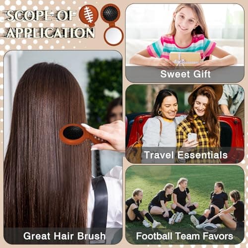 12 Pcs Football Mini Detangler Brush, Folding Mirror Hair Brushes, Travel Hair Brush, No Tangle Soft Flexible Bristles for Straight, Curly, Thick Hair for Football Team Gift Sport Party - Thumbnail 3