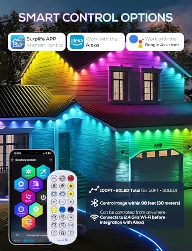 Permanent Outdoor Lights for House, 100ft AI Smart Eave Lights with 60 LED Lights, 66 Scene Modes with App/Remote Control for Christmas Decor, IP67 Waterproof, Compatible with Alexa, Google Assistant - Thumbnail 6