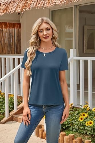 Herou Women Casual Summer Short Sleeve Tops T-Shirts Tees with Side Split Acidblue Large - Thumbnail 2