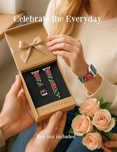 Moolia Floral Leather Band Compatible with Apple Watch Band 49/46/45/44/42mm Women, Cute Romantic Vintage Rose Pattern Strap for iWatch Series 11 10 9 8 7 6 5 4 3 2 1 SE/Ultra(1/2/3), Black/Red - Thumbnail 2