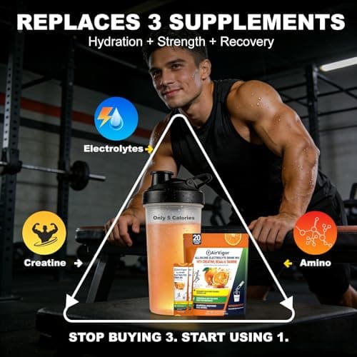 AirVigor Electrolyte Powder with Creatine All-in-One Hydration Drink Mix for Workout, Pre Workout Energy & Recovery, Amino Support, Low Calorie Electrolyte Drink Packets, 20 Sticks (Citrus) - Thumbnail 2