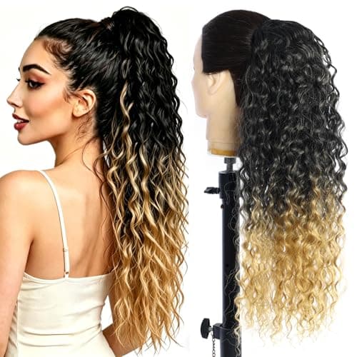 Servintha 24 Inch Curly Ponytail Extensions Synthetic Deep Wave Drawstring Ponytail For Black Women Natural Black to Blonde Long Ponytail With Clip In Thick Ponytail Hair Piece Color #1B27