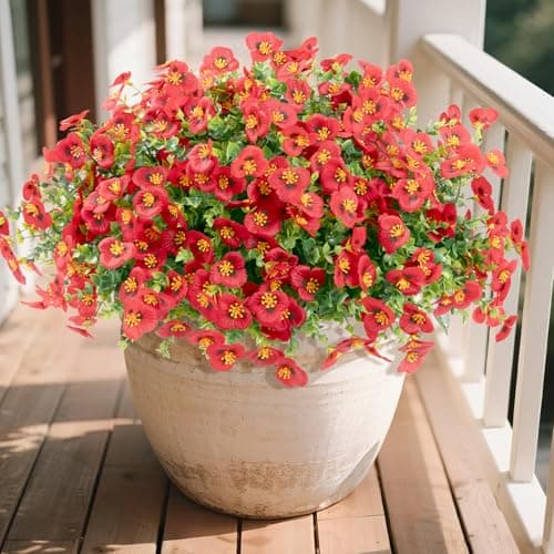 U'Artlines Artificial Flowers for Outdoors, 16 Bundles Fake Flowers Realistic Pansies Plants with Eucalyptus, UV Resistant No Fade Look Real Faux Silk Flower for Outside Planter Porch Garden Patio