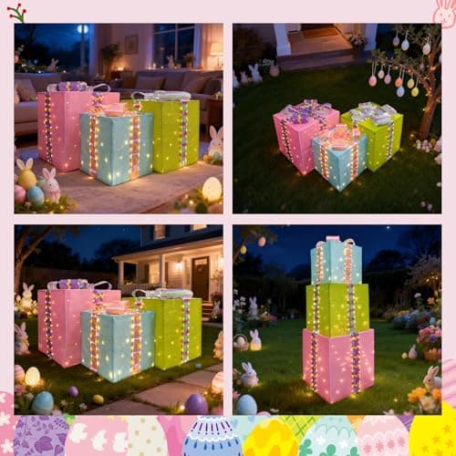 Large Lighted Easter Gift Boxes Decorations, 27" Pink 23" Green 19" Blue 516 Warm White LED Easter Present Boxes with Cute Bows, 3PCS Light Up Box Decor for Spring Party Indoor Outdoor Home Holiday - Thumbnail 6
