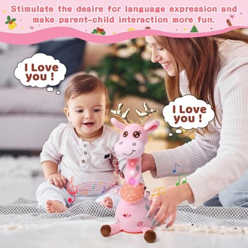 Dancing Talking Giraffe with Golden Antlers Toy, Stuffed Animal Baby Toy Repeating What You Say, Glowing Musical Electronic Giraffe with Golden Anlters Easter Gifts for Toddlers 1-3 Years Old (pink) - Thumbnail 5