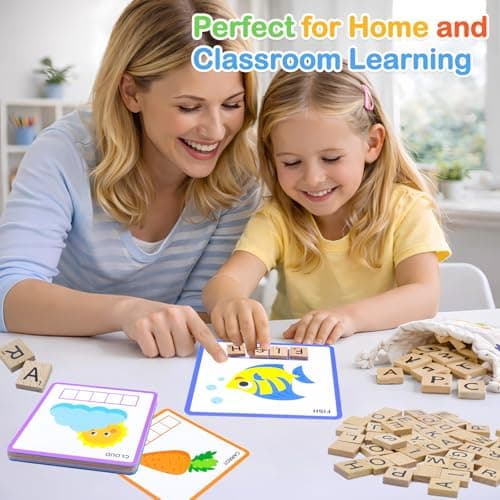 Humerry Spelling Game for Kids Ages 3-8, Word Building & Sight Word Games, Phonics Learning Toy with 100 Wooden Letter Tiles & 30 Double-Sided Flashcards, Preschool Kindergarten Early Reading Game - Thumbnail 2