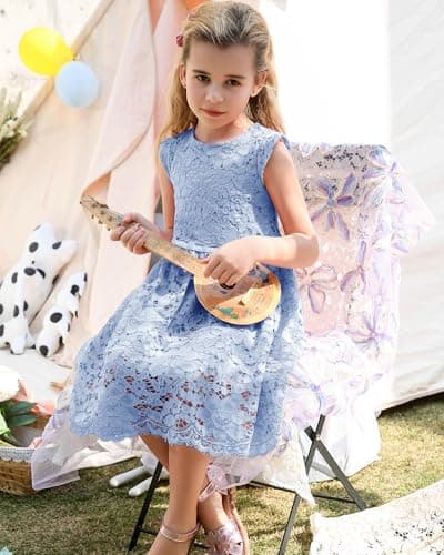 ALLOVIN Girls & Toddlers Sleeveless A-Line Lace Party Dress Birthday Wedding & Flower Girl Dress with Beaded Bowknot | Blue | 2T - Thumbnail 3